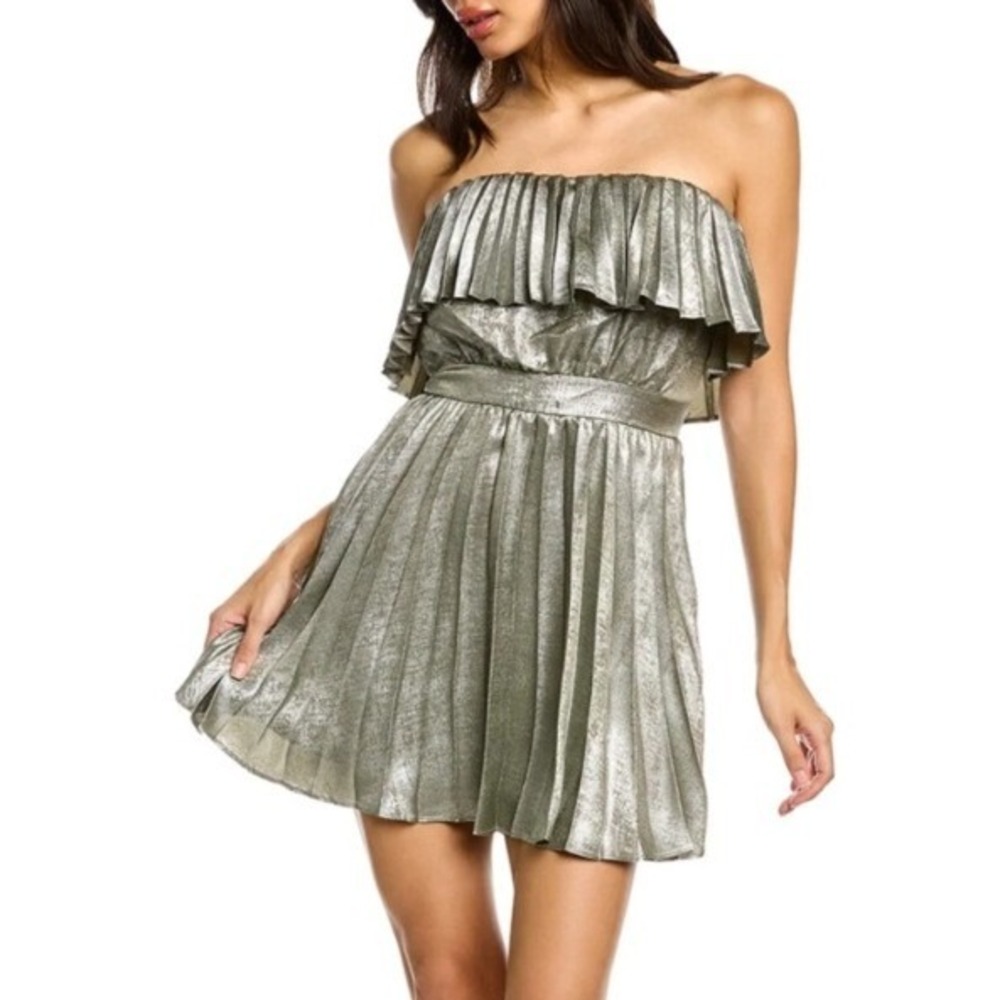 New Ramy Brook Ryleigh Mini Dress Gunmetal Women Size 8 Shiny Pleated Strapless